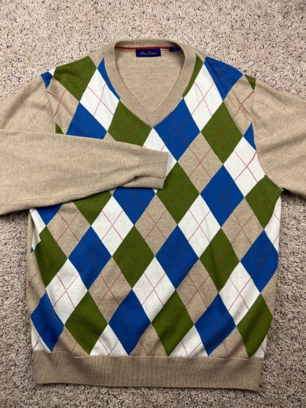 Alan Flusser Mens Large Sweater Knit Cotton Beige Blue Green Diamond Pattern